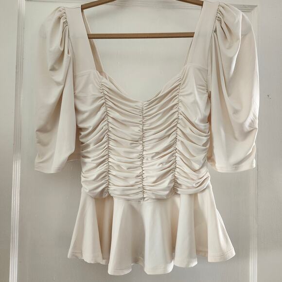 Express Ivory Ruched Puff-Sleeve Top with Peplum Size Small - Picture 1 of 10